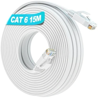 Image of Soibke Cat 6 Ethernet Cable 15m, Flat LAN High Speed Gigabit, Extra Long Network 15 Metres Internet White, RJ45 1000Mbps Wlan Thin Patch for Modem Router