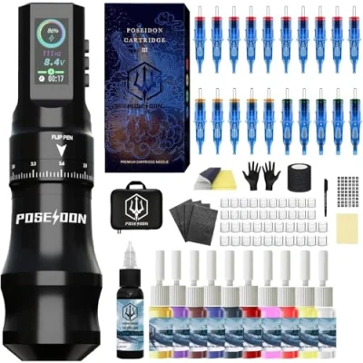 Image of Tattoo Pen Kit POSEIDON, Wireless Rotary Gun Kit, LED Color Screen Machine with 20 Pcs Cartridge Needles, 11 Inks for Equipment