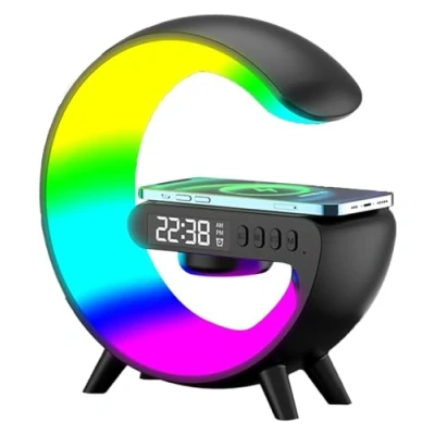 Image of DengFen G shaped Lamp Mobile Phone Charger, Bluetooth Speaker Wireless 10W Charging, Six Atmosphere Modes, Time Alarm Clock Charger Stand Home Bedside Lamp(Black)