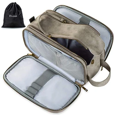 Image of Water Resistant Leather Toiletry Bag for Men, Women Large Travel Wash Shaving Dopp Kit Bathroom Gym Toiletries Makeup Organizer with Free Wet Dry (Grey)