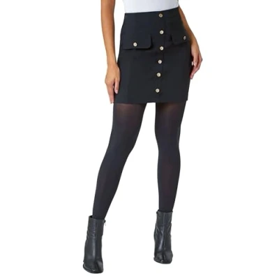 Image of Roman Ribbed Stretch Button Detail Skirt for Women UK Ladies Autumn Everyday Winter Holiday Mini Length Comfy Flap Pocket Soft Pull On Office Desk to Dinner Skirts Black Size 20