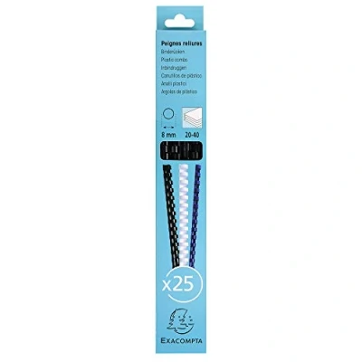 Image of Exacompta Ref 76201E Binding Combs 8mm Thick, 21 Rings, Suitable for A4 Documents, Holds Approx. 20 40 Sheets, Made from PVC Material Black (Pack of 25)