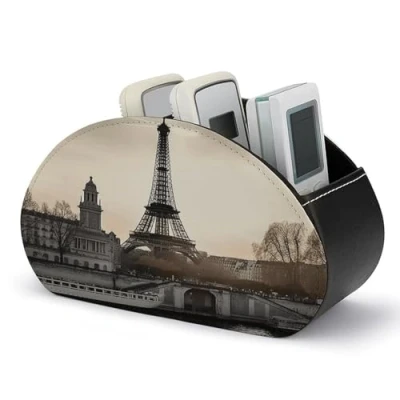 Image of YJWANDL Remote Control Storage Box, Travel Paris Print PU Leather Organizer with 5 Compartments,multipurpose Box for TV Remotes And Gadgets