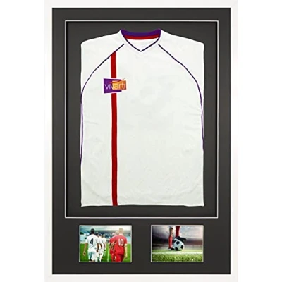 Image of Vivarti DIY Adult 3D Mounted + Double Aperture Sports Shirt Display Frame for Football Shirt, Rugby Band Shadow Box 61 x 91.5cm Gloss White Frame, Black Mount, Backing Card