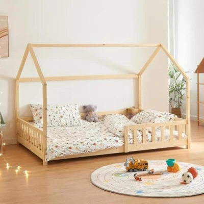 Image of [en.casa] Children&#039;s bed Hesel House wood look 120 x 200 cm with fall out protection and slatted frame Floor Youth Wooden