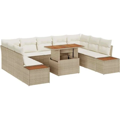 Image of vidaXL 10 Piece Garden Dining Set with Cushions Beige Poly Rattan Acacia
