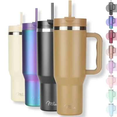 Image of Milu 40oz Tumbler with Straw and Handle (1.2L) 48h ice / 24h Cold 12h hot Stainless Steel Travel Mug Lid Insulated Water Bottle Cup to go Gift for Women Men (Brown)