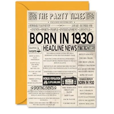 Image of 94th Birthday Cards for Women Men Born In 1930 Newspaper Happy 94 Card Grandma Grandad Nan Vintage Retro Back 1930, A5 Ninety Four Fourth Bday Greeting