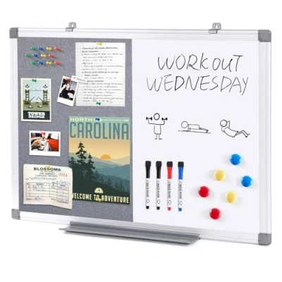 Image of Swansea Magnetic Whiteboard 2 in 1 Frabic Pin Noticeboard with Dry Erase Marker + 6 Pushpins,60x45cm