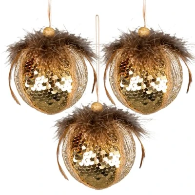 Image of 3Pcs Gold Sequin Bauble 7cm Christmas Tree Hanging Decorations Festive Decorative Ornaments Fairy Tale Themed Xmas Pendant
