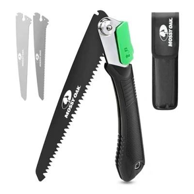 Image of Mossy Oak Pruning Saw, Folding Hand Saw with Secure Lock, 3 Blades Made of Cr V and 65Mn, for Wood, Bone, PVC, Tree Pruning, Camping, Hunting, Non Ferrous Metal, Solid TPR Soft Grip Portable Pouch