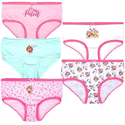 Image of Paw Patrol Girls Underwear Multipack 5 Pack Of Knickers 100% Cotton Variety Designs With Characters 5/6 Years Pink