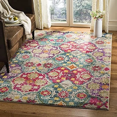 Image of SAFAVIEH Boho Chic Rug for Living Room, Dining Bedroom Monaco Collection, Short Pile, in Grey and Fuchsia, 155 X 231 cm