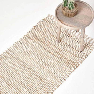 Image of HOMESCAPES Chevron Hallway Runner Handwoven Natural Hemp Chindi Rug ‘Sierra’ Herringbone Pattern Rug, 66 x 200 cm