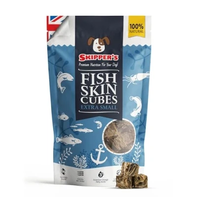 Image of SKIPPER&#039;S Fish Skin Jerky Cubes Gently Air Dried Dog Treats, Healthy &amp; Natural Treat for Dogs, Hypoallergenic Grain Free, High in Protein Low Fat Great Teeth (Cube Size Extra Small,1kg Pack)