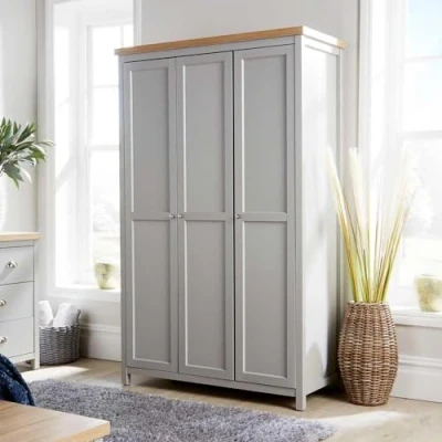 Image of Home Source Wardrobe 3 Door Two Tone Wooden Hanging Rail Storage Shelves, Engineered Wood, Grey