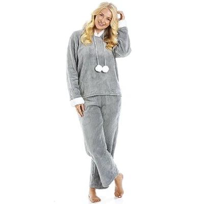 Image of Camille Women&#039;s 2 Piece Super Soft Pyjama Set Thick Luxury Fleece Full Length PJ Long Sleeved with Elasticated Waist &amp; Sherpa Lined Hood Grey 18 20