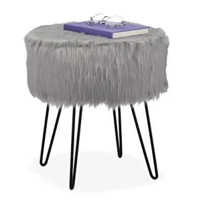 Image of Fur Stool, Padded Plush, Round, Metal Frame, Dressing Table, HxD: 41 x 37 cm, Grey/Black Relaxdays