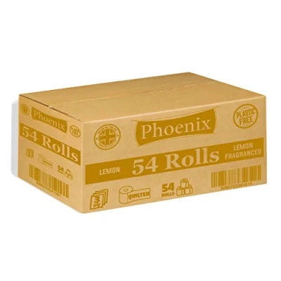 Image of Phoenix Brand 54 Rolls of Plastic Free Quilted White 3 Ply Toilet Paper (Lemon)