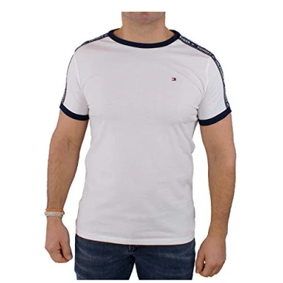 Image of Tommy Hilfiger Men&#039;s T Shirt Logo Tape For Men Crew Neck 100% Cotton Jersey White Size M