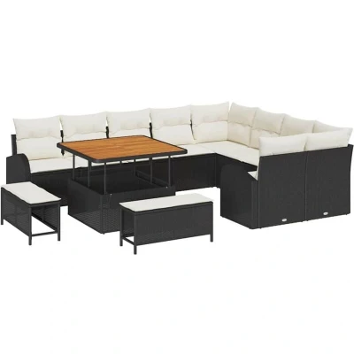 Image of vidaXL 12 Piece Garden Sofa Set with Cushions Black Poly Rattan Acacia