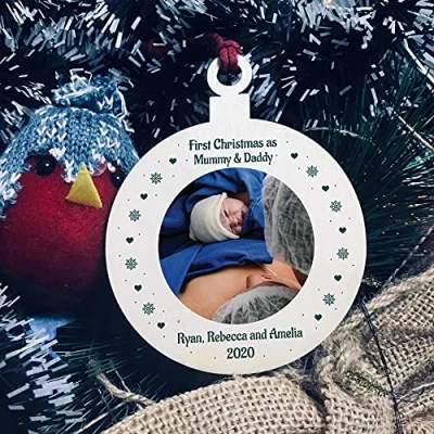 Image of Personalised First 1st Christmas As Mummy Daddy Babys Photo Bauble Plaque