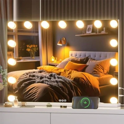 Image of ASAB Hollywood Vanity Mirror with Lights 15 Dimmable LEDs 3 Lighting Modes Smart Touch Screen Control Makeup Dressing Table USB Charging Port for Bedroom Room
