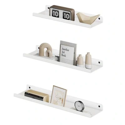 Image of SONGMICS Metal Wall Shelves Set of 3 Floating Industrial Style for Decorations, Photo Frames, Knick knacks, 6 Screws Included, Multiple Layouts, White LFS012W01