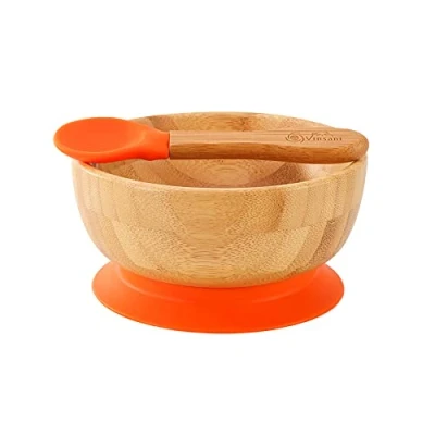 Image of Vinsani Bamboo Bowl and Spoon Set for Baby/Toddler, Suction Plate, Stay Put Design, Hypoallergenic BPA Free (Orange)