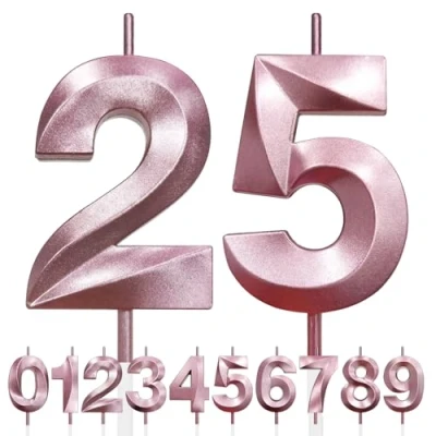 Image of 25th Birthday Candle, 3D Design Rose Gold Glitter Number Candles, Cake Topper Decorations, Candle for Party, Wedding Anniversary, Baby Shower, Party Decoration (Pink Gold)