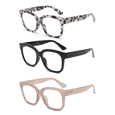 Image of JM 3 Pack Oversized Reading Glasses for Women Square Blue Light Blocking Computer Readers Spring Hinge +0.0
