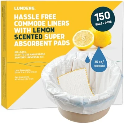 Image of Lunderg Commode Liners with Lemon Scented Absorbent Pads Value Pack Medical Grade 150 Count Universal Fit Disposable Bedside and for Adult Chairs &amp; Portable Toilets