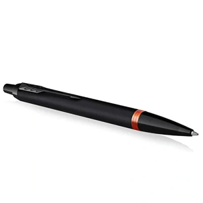 Image of Parker IM Vibrant Rings Ballpoint Pen Satin Black Lacquer with Flame Orange Accents Medium Point Blue Ink Refill Gift Box