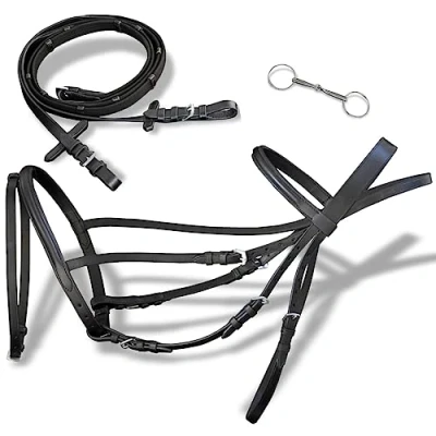 Image of vidaXL Black Leather Flash Bridle Set Full Size Adjustable Horse Tack with Reins/Loose Ring Snaffle Bit Comfort Padded