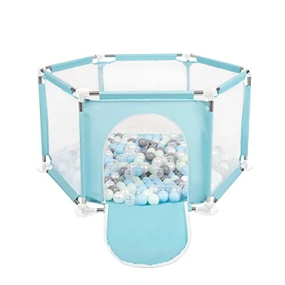 Image of Selonis Hexagon 6 Side Play Pen with 100 Balls, Mint:Pearl/Grey/Transparent/Babyblue/Mint