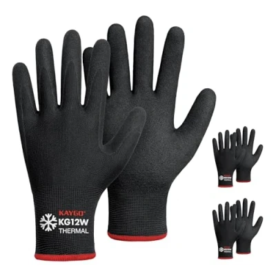 Image of KAYGO Work Gloves Nitrile Coated Thermal Fleece Liner 3 Pairs, Grip and Dexterity, Winter Working for Men Women, Cold Weather Construction Freezer Warehouse Automotive, KG12W (Black, S)
