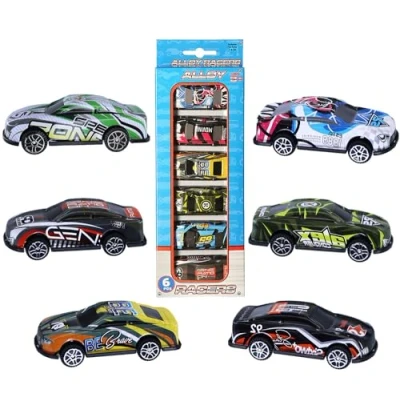 Image of Navoys Pack of Six Alloy Racers Toy Car Set Free Wheel Plastic Mini Racing Sports Model Cars for Kids, Playset Collection, Great Cake Toppers, Random Colours