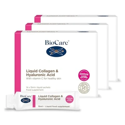 Image of BioCare Liquid Collagen &amp; Hyaluronic Acid 8000mg of Hydrolysed Marine Mango Orange Flavour, 3 Pack (42 x 15 ml sachets)