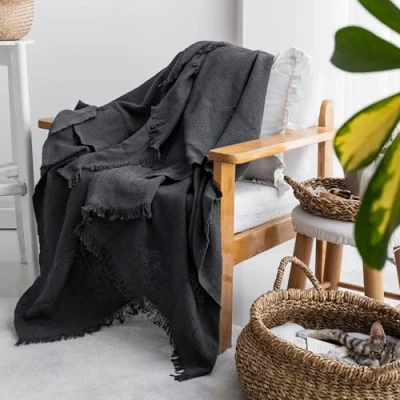Image of Milam London Cotton Throw Blanket Soft Throws For Armchairs, Sofa, Settee Single Bed Throw, Dark Grey 170 x 200 cm