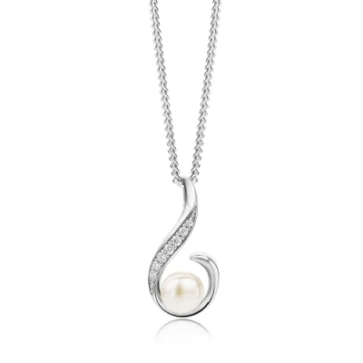 Image of Miore Women&#039;s 925 Sterling Silver Freshwater Pearl and Zirconia Pendant on 45cm Curb Necklace Chain Unique Must Have Real