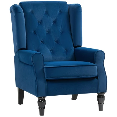 Image of HOMCOM Retro Accent Chair, Velvet Wingback Armchair with Wood Frame Button Tufted Design for Living Room Bedroom, Blue