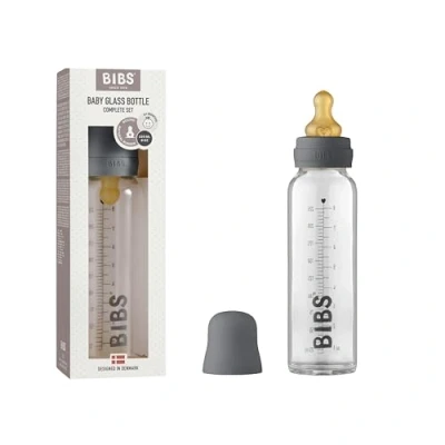 Image of BIBS Baby Glass Bottle. Anti Colic. Round Natural Rubber Latex Nipple. Supports Breastfeeding, 225 ml, Iron