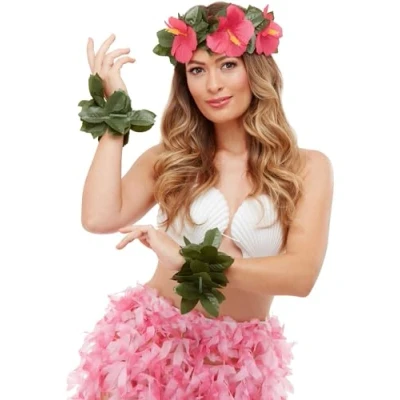 Image of Smiffys Hawaiian Luau Tiki Kit, Green &amp; Pink with Floral Headband 2 Anklets, Fancy Dress, Dress Up Accessories