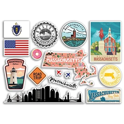 Image of A5 Sticker Sheet Massachusetts Landmarks Vinyl Stickers America States USA American Airport Stamps Skyline Flag Map Travel Holiday Scrapbooking City Luggage #79163