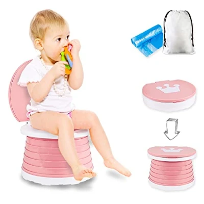 Image of Portable Potty Seat, Kids Folding Training Toilet Chair Travel Indoor Outdoor with Storage Bag (Pink)