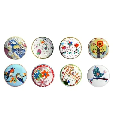 Image of Set of 8 Ceramic knobs with Different Bird Designs, Hand Painted. Handcrafted Handles for cabinets, Drawers, Dressers and Hangers. Classic 40 mm Diameter.