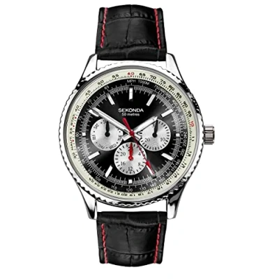 Image of Sekonda Maverick Men’s 43mm Quartz Watch in Black with Analogue Display, and Leather Strap 30035