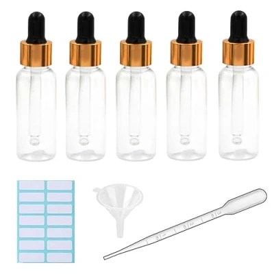 Image of 5Pcs Transparent Dropper Bottle 30ML Plastic Eye Bottles for Essential Oil Pipette Refillable with Measured Pipette, Funnel and Labels (Black + Gold Cap)