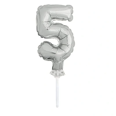 Image of Silver Foil Number 5 Balloon Cake Topper (12cm) Perfect for Milestone Celebrations 1 Pc