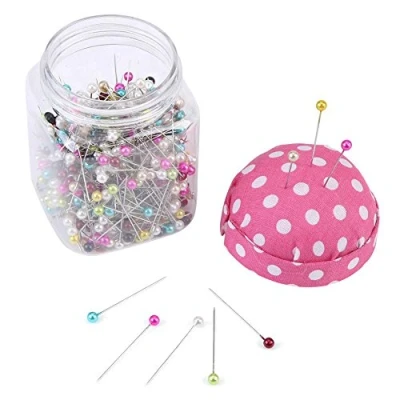 Image of 500Pcs Pearl Needles Quilting Pins Packed in Pink Fabric Covered Pin Cushion Bottle Wedding Decorating Tool Sewing Crafts